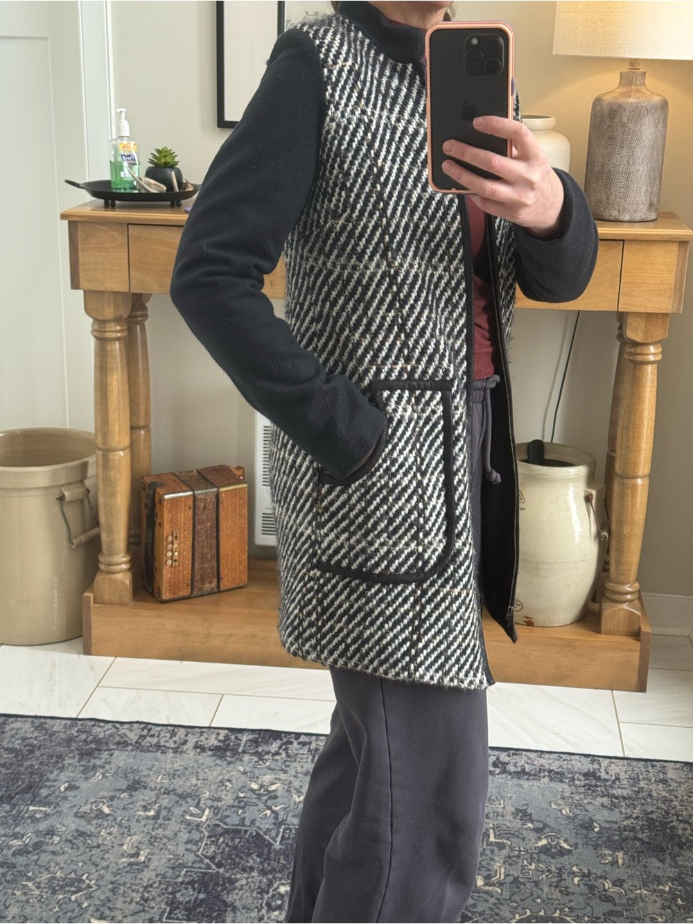 Navy & White, W/ a bit of Brown Herringbone Wool Blend Women’s Car Coat